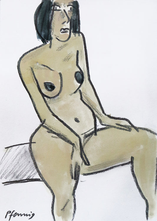 Original Mixed-Media-Malerei von Wolf-Dieter-Pfennig, ohne Titel  – expressive Darstellung einer unbekleideten Frau, sitzend, die Hände auf den Beinen. Frau in gelb, dunkle kurze Haare. Mixed Media auf Papier, signiert, erhältlich bei Galerie Waldbach, What the Artist Made