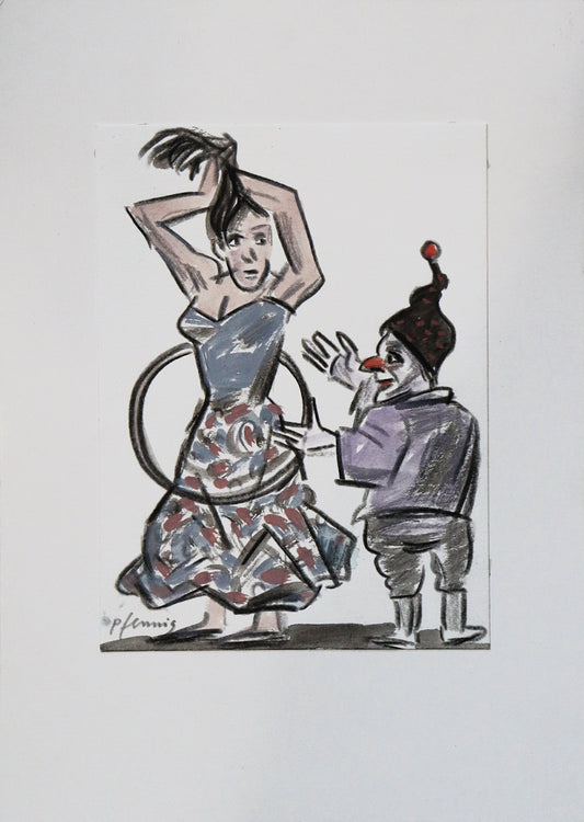 Original Mixed-Media-Malerei von Wolf-Dieter-Pfennig, ohne Titel  – expressive Darstellung einer Frau im Kleid, sie hält sich die langen Haare hoch, einen Zopf bindend. Neben ihr eine Clownsfigur, die einen Turnreifen hält, der um ihre Hüfte gelegt ist. In blassen Blauviolett-Tönen und schwarz. Mixed Media auf Papier, signiert, erhältlich bei Galerie Waldbach, What the Artist Made
