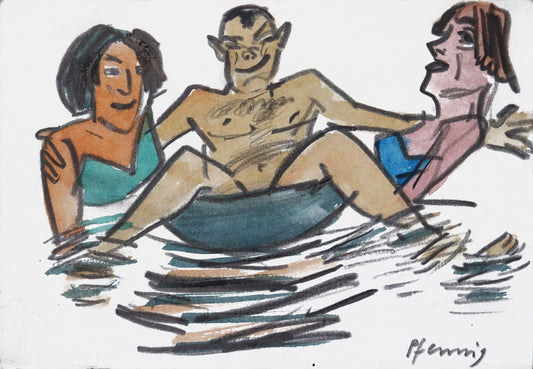 Original Mixed-Media-Malerei von Wolf-Dieter-Pfennig, ohne Titel  – expressive Darstellung eines Mannes, breitbeinig im Schwimmreifen sitzend, die Arme um zwei Frauen in Badekleidung, alle drei im Wasser. Mixed Media auf Papier, signiert, erhältlich bei Galerie Waldbach, What the Artist Made