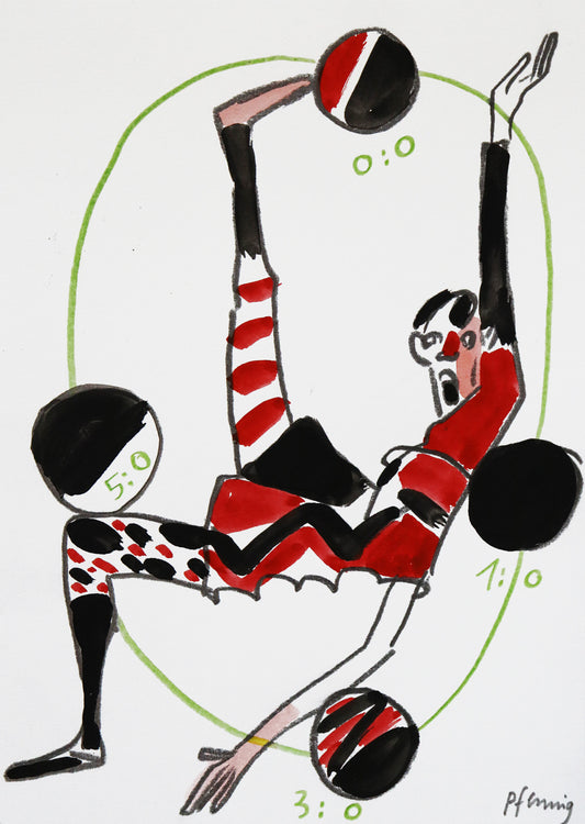 Original Mixed-Media-Malerei von Wolf-Dieter-Pfennig, ohne Titel  – expressive Darstellung eines Turners in Seitenansicht, spielende Person. Ein Bein ist senkrecht nach oben gerichtet, der Körper nach hinten gebeugt, zum Erreichen des Balls. Um die Person 4 Bälle und Zahlen zu Spielständen, in einem grünen Kreis. Mixed Media auf Papier, signiert, erhältlich bei Galerie Waldbach, What the Artist Made