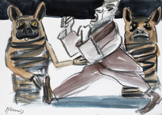Original Mixed-Media-Malerei von Wolf-Dieter-Pfennig, ohne Titel  – expressive Darstellung eines Mannes, die  Fäuste zum Kampf erhoben, der Mund weit offen. Links und rechts von ihm zwei tierische  Gestalten, wohl Hunde. Einer schaut freundlich, der andere wütend. Der Freundliche reicht ihm die Hand. Mixed Media auf Papier, signiert, erhältlich bei Galerie Waldbach, What the Artist Made