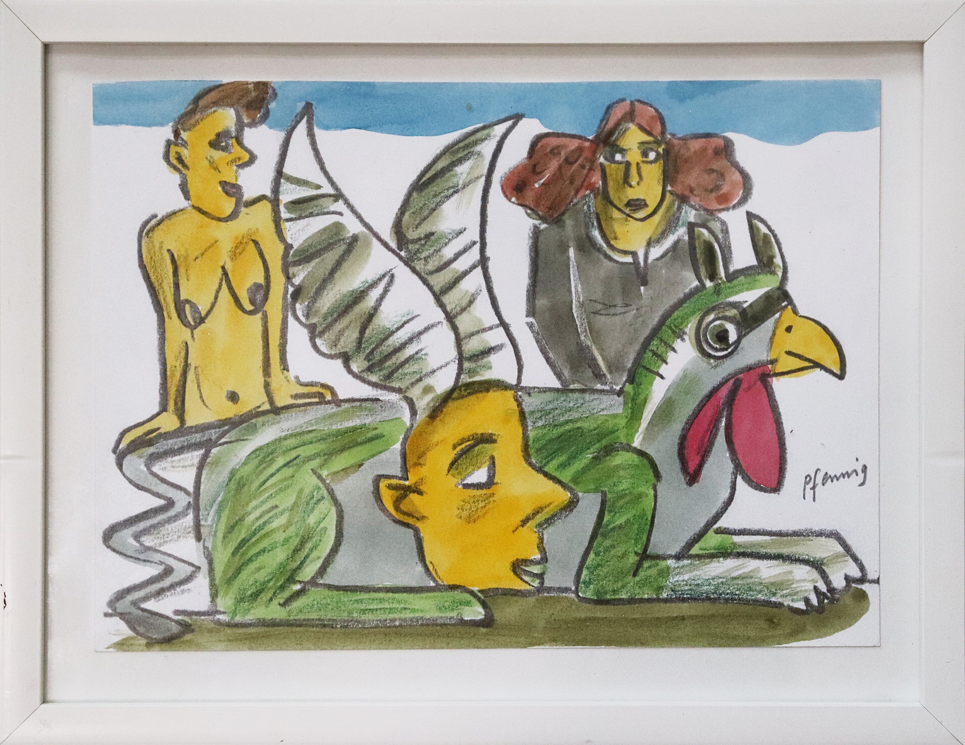 Original Mixed-Media-Malerei von Wolf-Dieter-Pfennig, ohne Titel  – expressive Darstellung einer Frau in schwarzer Kleidung, links neben ihr eine unbekleidete Frau, vor beiden ein Fantasiewesen, wohl ein Greif, liegend. In Rot, Grün, gelb und schwarz. Mixed Media auf Papier, signiert, erhältlich bei Galerie Waldbach, What the Artist Made
