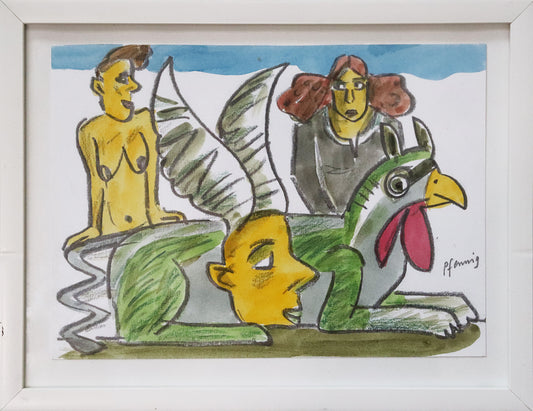 Original Mixed-Media-Malerei von Wolf-Dieter-Pfennig, ohne Titel  – expressive Darstellung einer Frau in schwarzer Kleidung, links neben ihr eine unbekleidete Frau, vor beiden ein Fantasiewesen, wohl ein Greif, liegend. In Rot, Grün, gelb und schwarz. Mixed Media auf Papier, signiert, erhältlich bei Galerie Waldbach, What the Artist Made