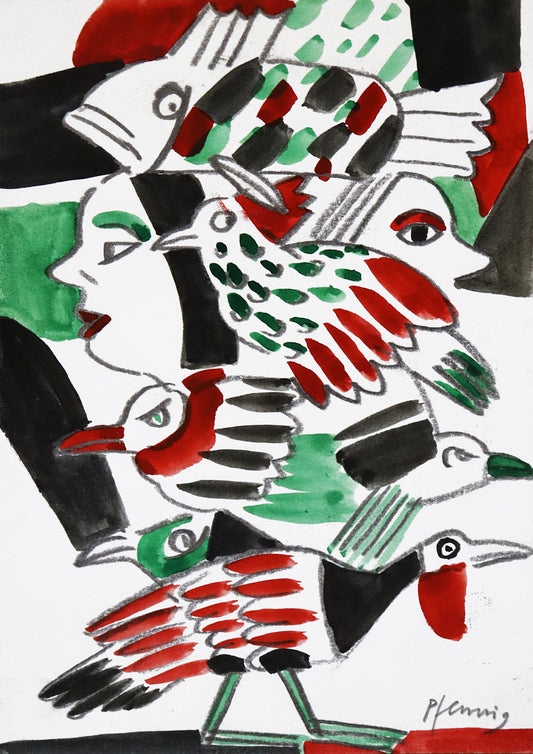 Original Mixed-Media-Malerei von Wolf-Dieter-Pfennig, ohne Titel  – expressive Darstellung von zwei Gesichtern in seitlicher Ansicht, nach rechts und links schauend. Darüber ein Fisch und mehrere Vögel, in beide Richtungen schauend. In grün, schwarz und rot. Mixed Media auf Papier, signiert, erhältlich bei Galerie Waldbach, What the Artist Made