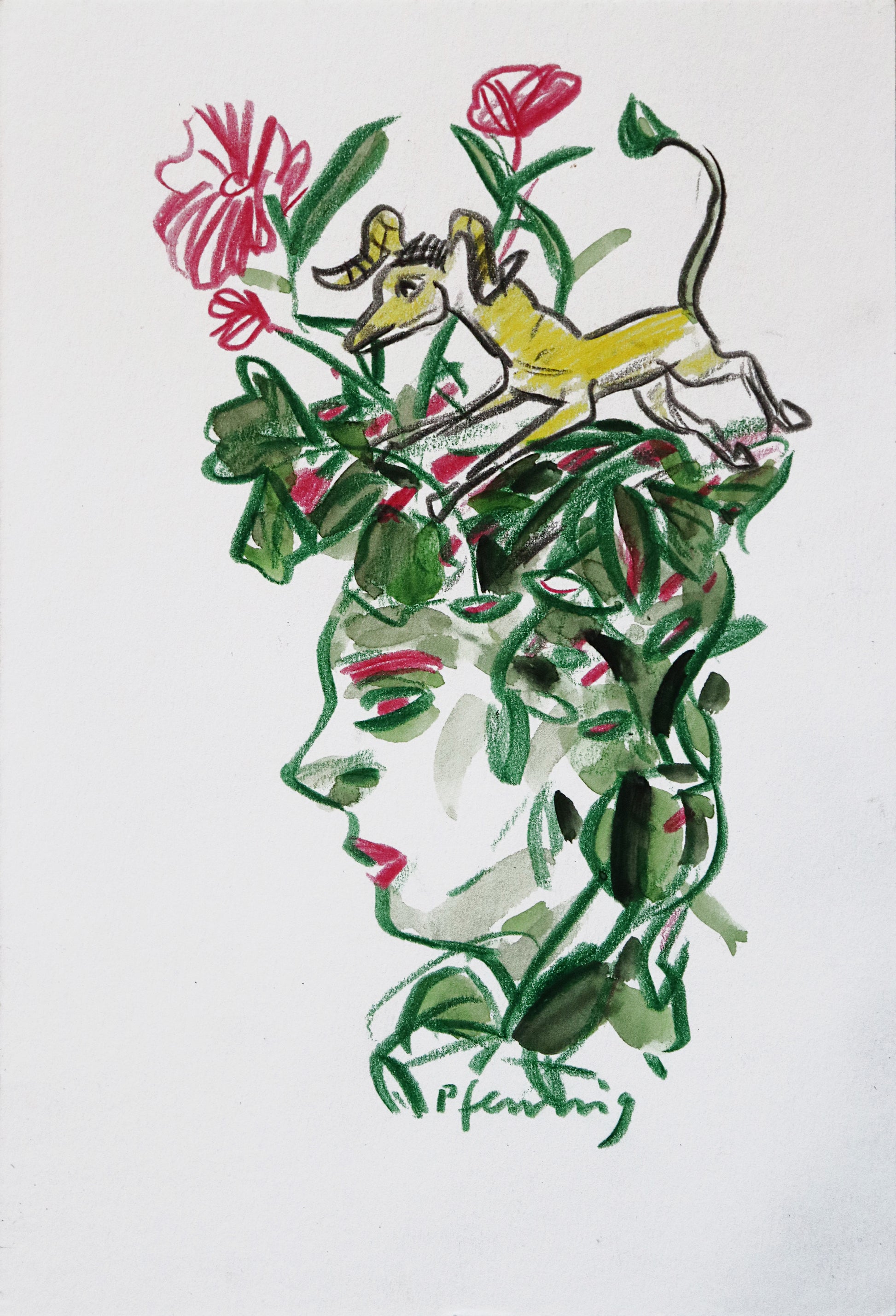Original Mixed-Media-Malerei von Wolf-Dieter-Pfennig, ohne Titel  – expressive Darstellung eines Frauenkopfes im Seitenprofil. Statt Haaren hat sie Pflanzen, in allen Formen, Blätter und Stängel, die auf dem Kopf verteilt sind. Ein dünner Schafs-/Ziegenbock rennt durch das Grün. In Grün-, Gelb- und Rottönen. Mixed Media auf Papier, signiert, erhältlich bei Galerie Waldbach, What the Artist Made