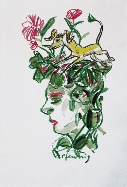 Original Mixed-Media-Malerei von Wolf-Dieter-Pfennig, ohne Titel  – expressive Darstellung eines Frauenkopfes im Seitenprofil. Statt Haaren hat sie Pflanzen, in allen Formen, Blätter und Stängel, die auf dem Kopf verteilt sind. Ein dünner Schafs-/Ziegenbock rennt durch das Grün. In Grün-, Gelb- und Rottönen. Mixed Media auf Papier, signiert, erhältlich bei Galerie Waldbach, What the Artist Made