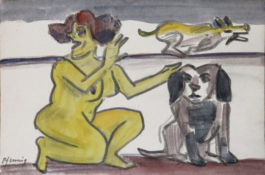 Original Mixed-Media-Malerei von Wolf-Dieter-Pfennig, ohne Titel  – expressive Darstellung einer unbekleideten Frau, knieend, einen hockenden Hund den Kopf streichelnd. Sie schaut in die entgegengesetzte Richtung nach links. Im Hintergrund ein Hund rennend. In Gelb und Brauntönen. Mixed Media auf Papier, signiert, erhältlich bei Galerie Waldbach, What the Artist Made