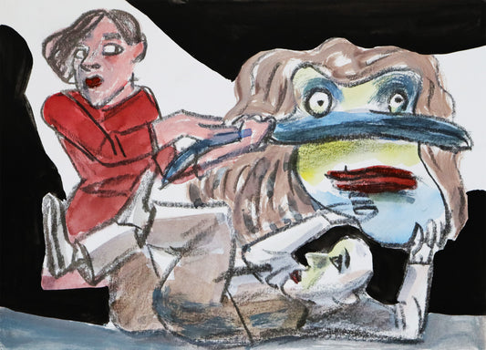 Original Mixed-Media-Malerei von Wolf-Dieter-Pfennig, ohne Titel  – expressive Darstellung einer Frau, vor ihr ein mann liegend. Er stemmt ein großes Gesicht/Maske von sich weg. Mixed Media auf Papier, signiert, erhältlich bei Galerie Waldbach, What the Artist Made