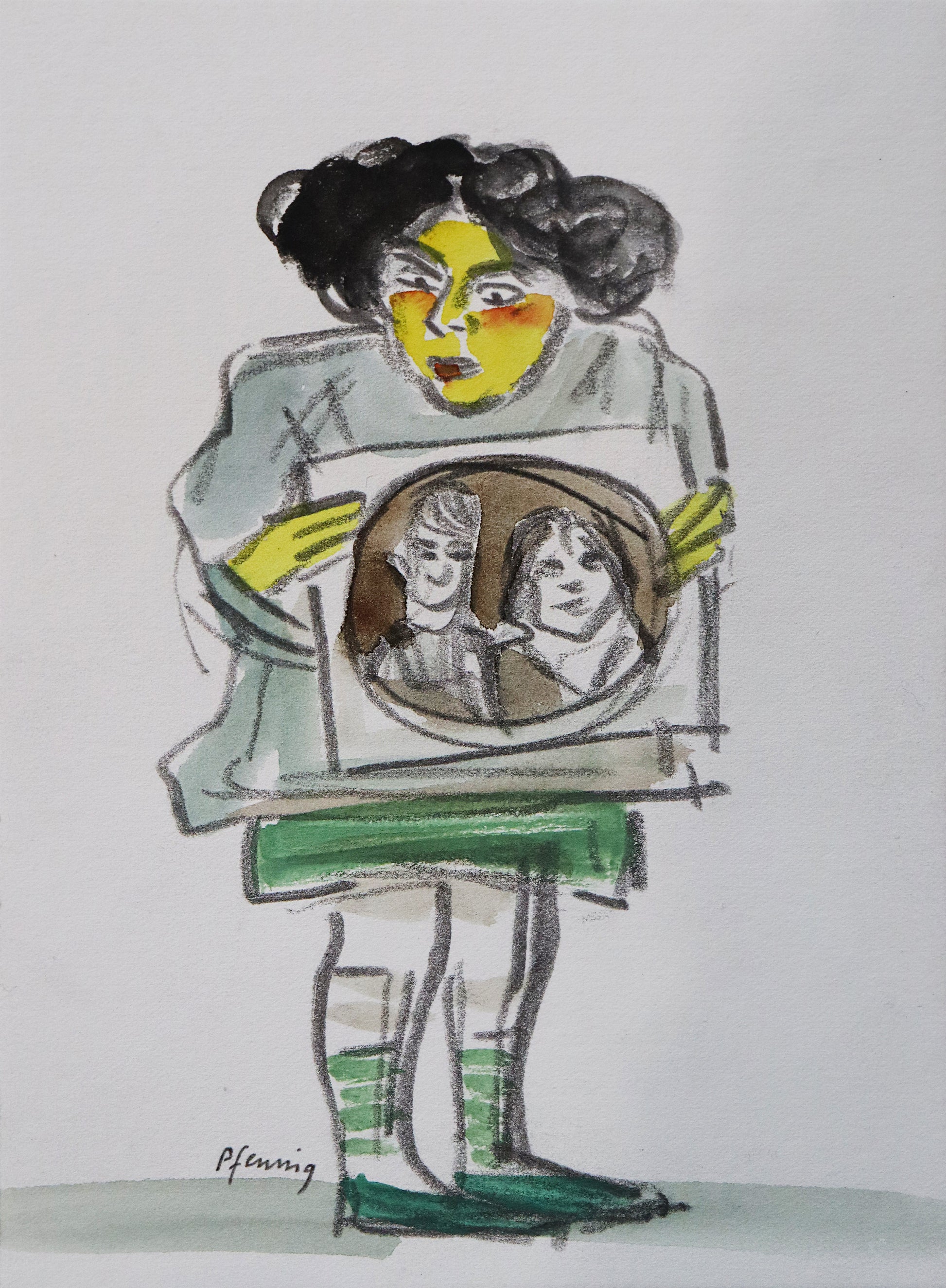 Original Mixed-Media-Malerei von Wolf-Dieter-Pfennig, ohne Titel  – expressive Darstellung einer Person/Mädchen, ein Bild vor sich haltend. Sie schaut darauf, es sind zwei Personen in einer Kreisform abgebildet, wie ein Foto. Mixed Media auf Papier, signiert, erhältlich bei Galerie Waldbach, What the Artist Made