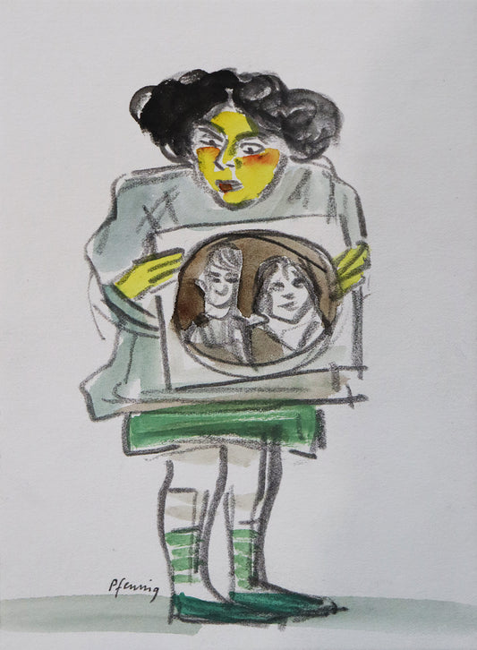 Original Mixed-Media-Malerei von Wolf-Dieter-Pfennig, ohne Titel  – expressive Darstellung einer Person/Mädchen, ein Bild vor sich haltend. Sie schaut darauf, es sind zwei Personen in einer Kreisform abgebildet, wie ein Foto. Mixed Media auf Papier, signiert, erhältlich bei Galerie Waldbach, What the Artist Made