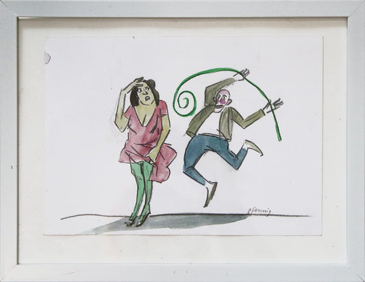 Original Mixed-Media-Malerei von Wolf-Dieter-Pfennig, ohne Titel  – expressive Darstellung eines Paares. Links steht eine Frau in rotem Kleid und schaut, die  Hand auf die Stirn gelegt nach rechts zu einem Mann, der im Sprung ist. Er hält einen grünen Zweig/Seil an beiden Händen über sich. In Rot, Grün, blau und schwarz. Mixed Media auf Papier, signiert, erhältlich bei Galerie Waldbach, What the Artist Made