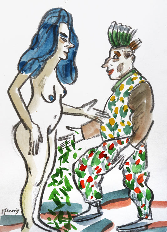 Original Mixed-Media-Malerei von Wolf-Dieter-Pfennig, ohne Titel  – expressive Darstellung einer unbekleideten Frau,  mit blauen Haaren, stehend, seitliches Profil. Rechts ihr zugewandt ein Mann in  Anzug mit buntem Blumenmuster. Er lässt Blätter fallen und hat grüne hochstehende Haare. Mixed Media auf Papier, signiert, erhältlich bei Galerie Waldbach, What the Artist Made