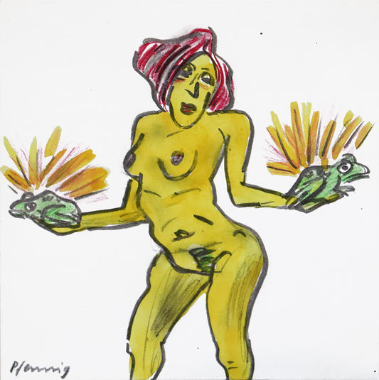 Original Mixed-Media-Malerei von Wolf-Dieter-Pfennig, ohne Titel  – expressive Darstellung einer unbekleideten rothaarigen Frau, mittig stehend, in jeder Hand einen Frosch haltend. Diese strahlen ein gelbes Licht ab. Mixed Media auf Papier, signiert, erhältlich bei Galerie Waldbach, What the Artist Made