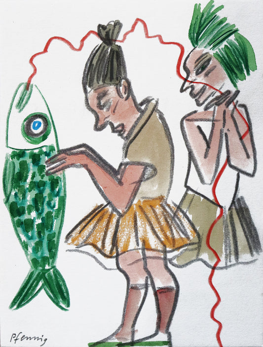 Original Mixed-Media-Malerei von Wolf-Dieter-Pfennig, ohne Titel  – expressive Darstellung zweier Frauen, stehend. Die linke Frau hält einen grünen Fisch, aus dessen Maul ein roter Faden kommt, der die Frau umkreist und über der zweiten Frau liegt. Mixed Media auf Papier, signiert, erhältlich bei Galerie Waldbach, What the Artist Made