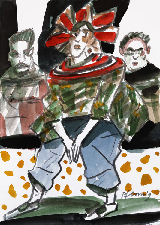 Original Mixed-Media-Malerei von Wolf-Dieter-Pfennig, ohne Titel  – expressive Darstellung einer Frau, stehend und modisch gekleidet, vermutlich Frida Kahlo. Sie trägt einen großen roten Kopfschmuck, hinter ihr vermutlich Leo Trotzki und Nickolas Muray/ Heinz Berggruen. Mixed Media auf Papier, signiert, erhältlich bei Galerie Waldbach, What the Artist Made