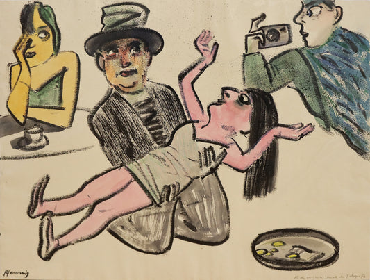 Original Mixed-Media-Malerei von Wolf-Dieter-Pfennig, Titel: „Oh du gesegnete Stunde der Fotografie“ – expressive Darstellung einer Frau posierend in den Armen eines Mannes liegend. Dieser schaut, knieend, in eine Kamera, die ein anderer Mann nutzt. Im Hintergrund eine Frau an einem Cafetisch sitzend. Vor der Gruppe steht ein Teller mit Geld. Mixed Media auf Papier, signiert, erhältlich bei Galerie Waldbach, What the Artist Made