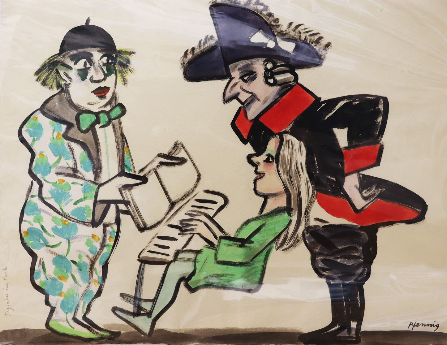 Original Mixed-Media-Malerei von Wolf-Dieter-Pfennig, Titel: „Tagsüber im Park“– expressives Porträt von Friedrich II, vor ihm eine junge Frau am Klavier, links daneben ein Clown, der das Notenbuch hält. Mixed Media auf Papier, erhältlich bei Galerie Waldbach - What The Artist Made