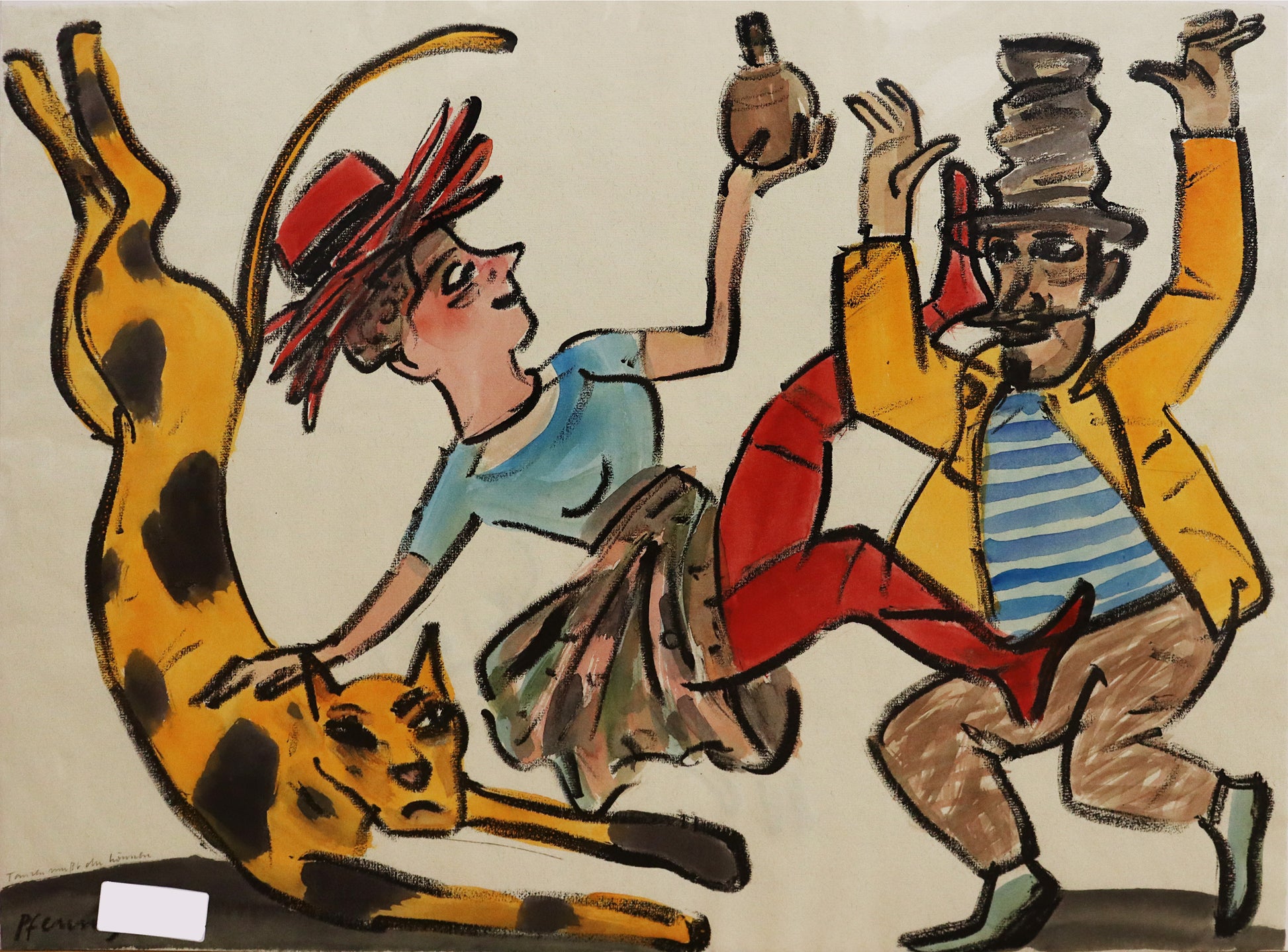 Original Mixed-Media-Malerei von Wolf-Dieter-Pfennig, Titel: „Tanzen musst du können“ – expressive Darstellung eines tanzenden Paares, neben ihnen mit weit ausgestreckten Beinen ein Leopard. Mixed Media auf Papier, signiert, erhältlich bei Galerie Waldbach, What the Artist Made