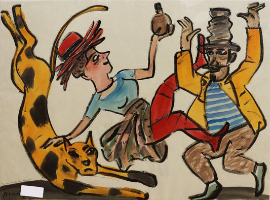 Original Mixed-Media-Malerei von Wolf-Dieter-Pfennig, Titel: „Tanzen musst du können“ – expressive Darstellung eines tanzenden Paares, neben ihnen mit weit ausgestreckten Beinen ein Leopard. Mixed Media auf Papier, signiert, erhältlich bei Galerie Waldbach, What the Artist Made