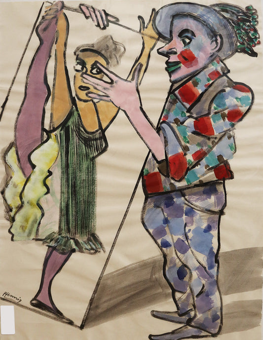 Original Mixed-Media-Malerei von Wolf-Dieter-Pfennig, Titel: „Theater“ – expressive Darstellung einer Person mit farbiger Kleidung, in den Händen ein Papier oder Leinwand haltend. Auf dem Werk abgebildet ist eine tanzende Frau, das Bein senkrecht nach oben gespreizt.  Mixed Media auf Papier, signiert, erhältlich bei Galerie Waldbach - What The Artist Made