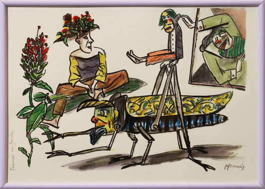 Original Mixed-Media-Malerei von Wolf-Dieter-Pfennig, Titel „Turnier im Garten“  – expressive Darstellung einer Heuschrecke mit menschlichem Gesicht, nach Pflanzen greifend, im Hintergrund eine Frau sitzend, mit Pflanzen als Haar. Zwei weitere Gestalten im rechten Teil des Bildes. In grün, gelb, rot, blau. Mixed Media auf Papier, signiert, erhältlich bei Galerie Waldbach, What the Artist Made