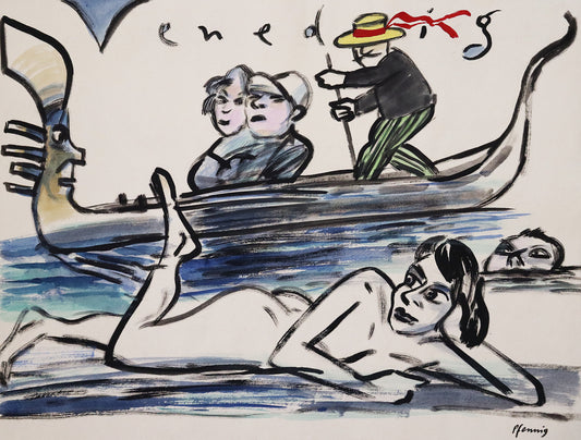 Original Mixed-Media-Malerei von Wolf-Dieter-Pfennig, Titel „Venedig“ – expressive Darstellung einer venezianischen Szenerie. Im Vordergrund liegt eine Frau unbekleidet, dahinter eine Person schwimmend und eine Gondel mit einem Paar und Gondoliere. Über der Gondel der Schriftzug „Venedig“. Mixed Media auf Papier, signiert, erhältlich bei Galerie Waldbach, What the Artist Made