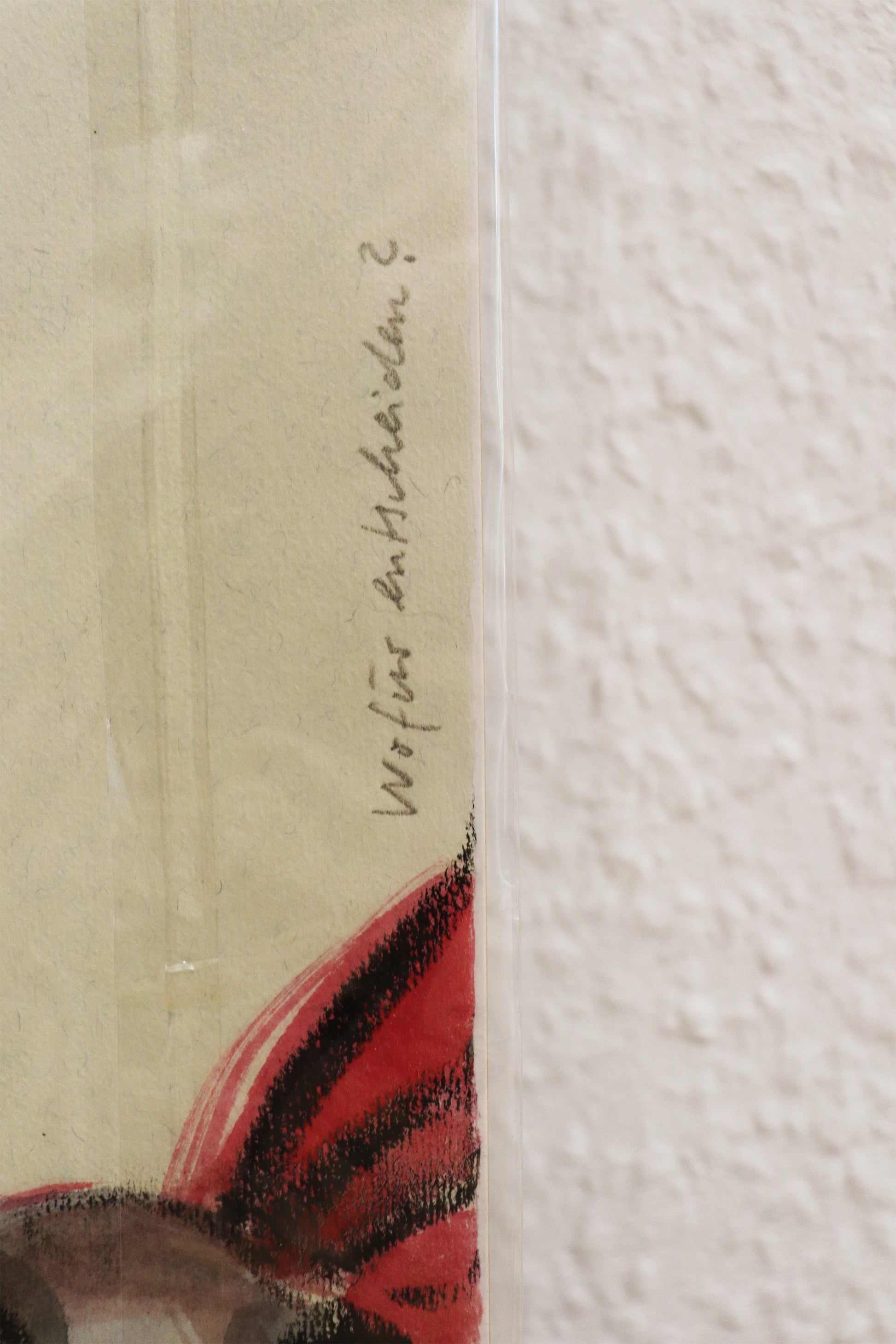 Original Mixed-Media-Malerei von Wolf-Dieter-Pfennig, Titel: „Wofür entscheiden“ –Detailansicht des Titels, aufgeschrieben am Bildrand. Mixed Media auf Papier, signiert, erhältlich bei Galerie Waldbach, What the Artist Made