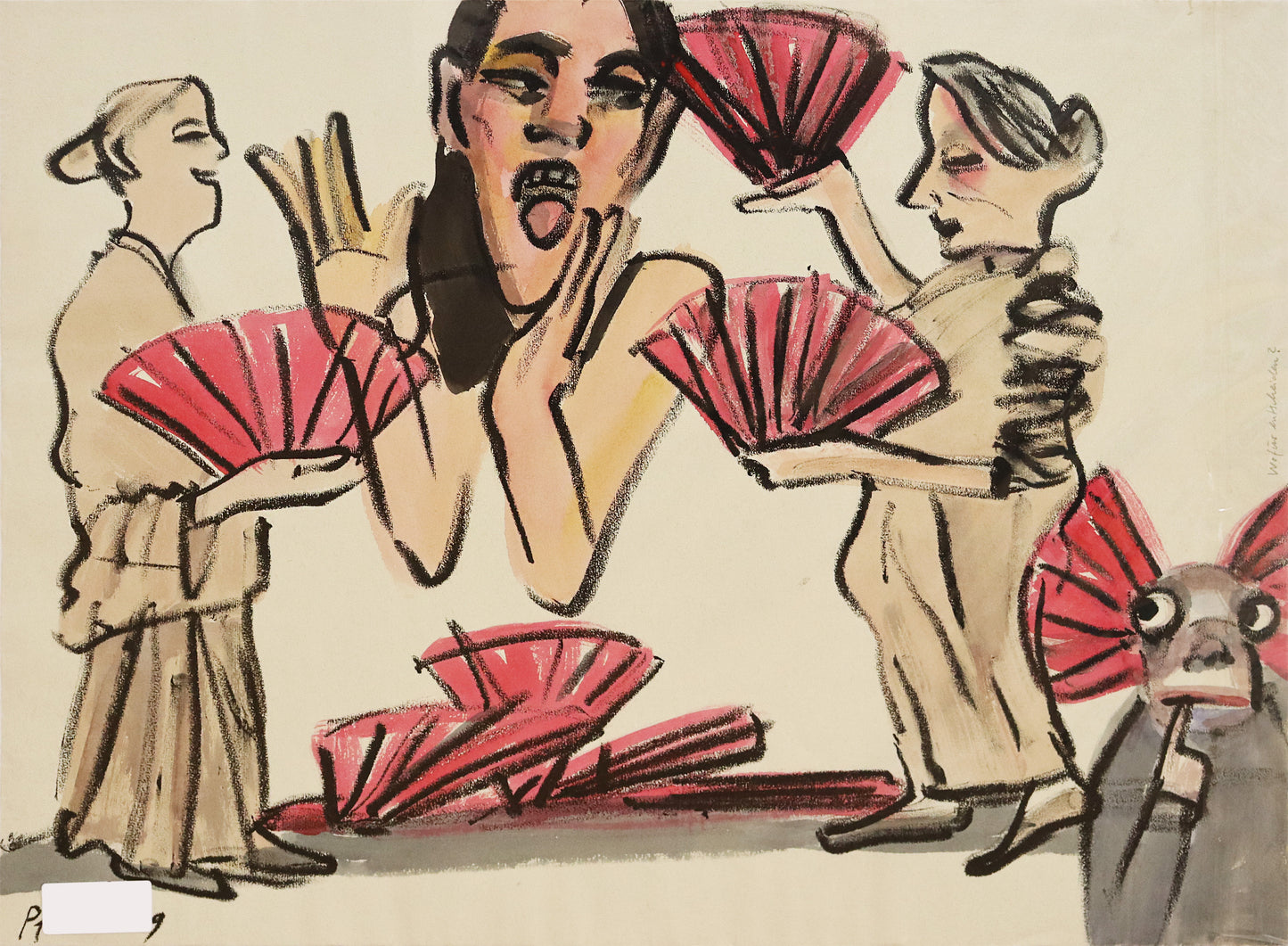 Original Mixed-Media-Malerei von Wolf-Dieter-Pfennig, Titel: „Wofür entscheiden“ – expressive Darstellung einer Frau umgeben von anderen Frauen. Diese zeigen ihr verschiedene rote Handfächer. Unten rechts  steht eine Figur, die ebenfalls unentschieden wirkt, mit Fächern als Ohren. Mixed Media auf Papier, signiert, erhältlich bei Galerie Waldbach, What the Artist Made