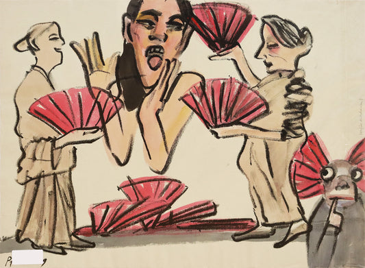 Original Mixed-Media-Malerei von Wolf-Dieter-Pfennig, Titel: „Wofür entscheiden“ – expressive Darstellung einer Frau umgeben von anderen Frauen. Diese zeigen ihr verschiedene rote Handfächer. Unten rechts  steht eine Figur, die ebenfalls unentschieden wirkt, mit Fächern als Ohren. Mixed Media auf Papier, signiert, erhältlich bei Galerie Waldbach, What the Artist Made