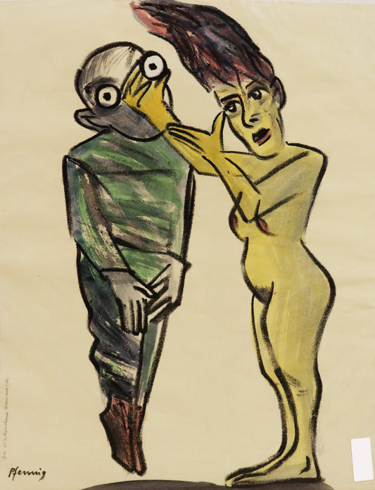 Original Mixed-Media-Malerei von Wolf-Dieter-Pfennig, Titel: „Der erschrockene Hausmeister“ – expressive Darstellung einer unbekleideten Frau, stehend, eine   Kugel/Auge in einer Hand haltend. Dahinter ist eine  schwebende Figur, das andere Auge starrt neben ihrer Hand den Betrachter an. Mixed Media auf Papier, signiert, erhältlich bei Galerie Waldbach - What The Artist Made