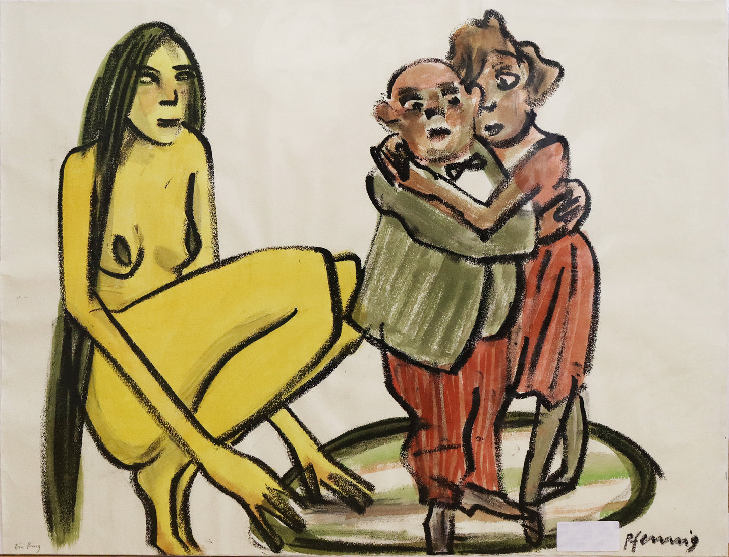Original Mixed-Media-Malerei von Wolf-Dieter-Pfennig, Titel: „ein Ring“– expressive Darstellung eines Paares, sich umarmend, in einem Kreis stehend. Außerhalb des Kreises eine große nackte  Frau  in gelb mit langen Haaren, hockend. Mixed Media auf Papier, signiert, erhältlich bei Galerie Waldbach - What The Artist Made