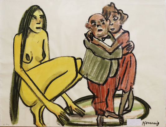 Original Mixed-Media-Malerei von Wolf-Dieter-Pfennig, Titel: „ein Ring“– expressive Darstellung eines Paares, sich umarmend, in einem Kreis stehend. Außerhalb des Kreises eine große nackte  Frau  in gelb mit langen Haaren, hockend. Mixed Media auf Papier, signiert, erhältlich bei Galerie Waldbach - What The Artist Made