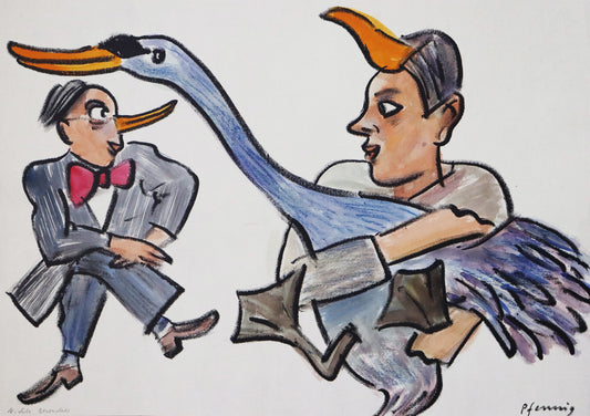 Original Mixed-Media-Malerei von Wolf-Dieter-Pfennig, Titel: „Nichts besonderes“  – expressive Darstellung einer Person, die einen blauen Schwan in den Armen trägt, auf der Stirn eine Form ähnlich des orangenen Schnabels des Schwans, links daneben ein Mann sitzend, ebenfalls die orangene Form, als falsche Nase getragen.  Mixed Media auf Papier, signiert, erhältlich bei Galerie Waldbach, What the Artist Made