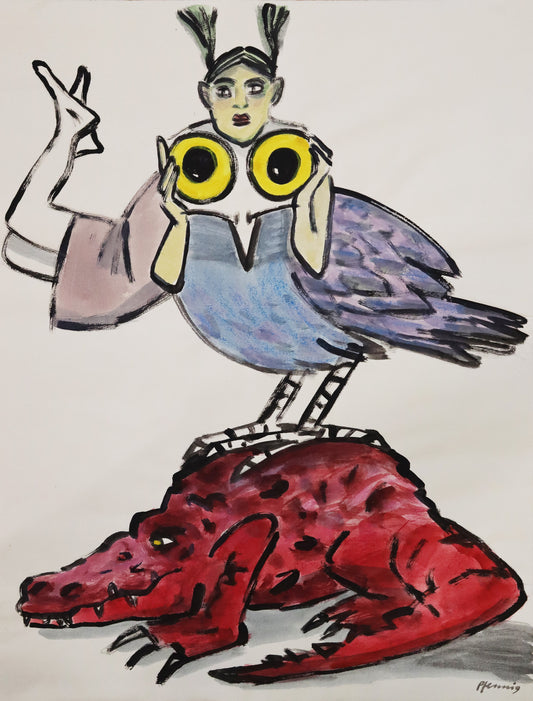 Original Mixed-Media-Malerei von Wolf-Dieter-Pfennig, ohne Titel – expressive Darstellung eines roten Krokodils, darauf eine Eule mit gelben großen Augen. Ihr Kopf/Blick wird gehalten von einem Mädchen/Frau, hintere der Eule schwebend. Mixed Media auf Papier, signiert, erhältlich bei Galerie Waldbach, What the Artist Made