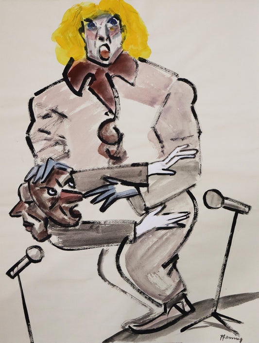 Original Mixed-Media-Malerei von Wolf-Dieter-Pfennig, ohne Titel – expressive Darstellung einer Person mit gelben lockigen Haaren, streitend/rangelnd mit einer anderen Person, diese hat ein zweites Gesicht.. Links und rechts von beiden stehen Mikrofone. Mixed Media auf Papier, signiert, erhältlich bei Galerie Waldbach, What the Artist Made