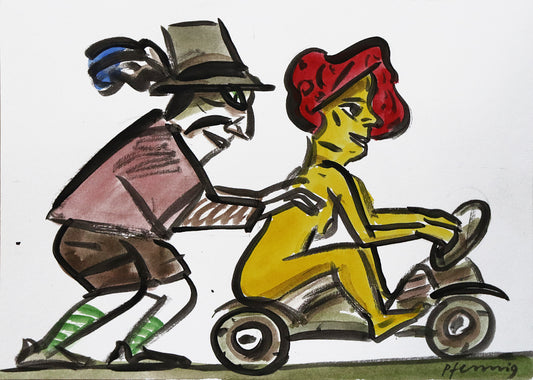 Original Mixed-Media-Malerei von Wolf-Dieter-Pfennig, ohne Titel  – expressive Darstellung einer  unbekleideten Frau mit roten Haaren, auf einem Moped oder Kinderauto sitzend. Hinter ihr ein Mann, in Trachtkleidung, sie anschiebend. Frau in gelb, alles weitere in Braun-und Grüntönen. Mixed Media auf Papier, signiert, erhältlich bei Galerie Waldbach, What the Artist Made