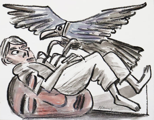 Original Mixed-Media-Malerei von Wolf-Dieter-Pfennig, ohne Titel – expressive Darstellung einer Personen auf einem großen Gesicht mit geschlossenen Augen liegend. Ein Adler fliegt nah an ihn heran, die Krallen auf seine Brust gerichtet. Mixed Media auf Papier, signiert, erhältlich bei Galerie Waldbach, What the Artist Made