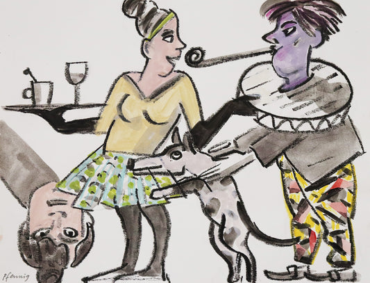 Original Mixed-Media-Malerei von Wolf-Dieter-Pfennig, ohne Titel – expressive Darstellung einer Gruppe Personen. Eine Frau serviert Getränke, rechts neben ihr ein Mann im Clownskostüm, zwischen beiden ein Hund. Ganz links ist eine Gestalt auf dem Kopf zu sehen. Mixed Media auf Papier, signiert, erhältlich bei Galerie Waldbach, What the Artist Made