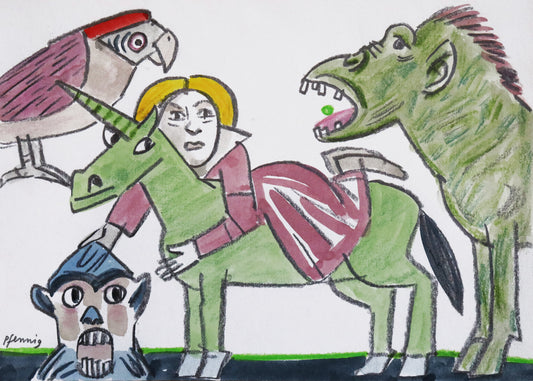 Original Mixed-Media-Malerei von Wolf-Dieter-Pfennig, ohne Titel  – expressive Darstellung einer Frau, sitzend auf einem grünen Einhorn, links neben ihr ein Papagei, rechts eine pferdeartige Kreatur. Die Frau berührt den Kopf eines Affen. Mixed Media auf Papier, signiert, erhältlich bei Galerie Waldbach, What the Artist Made