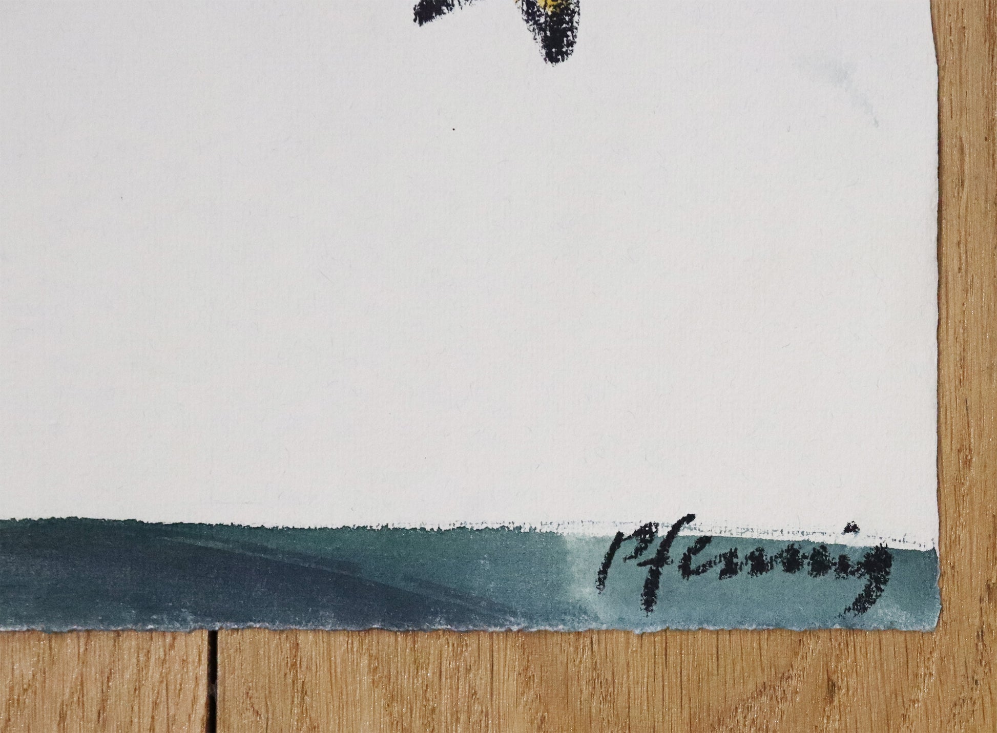 Original Mixed-Media-Malerei von Wolf-Dieter-Pfennig, ohne Titel – Detailansicht der Signatur am rechten Bildrand. Mixed Media auf Papier, signiert, erhältlich bei Galerie Waldbach, What the Artist Made