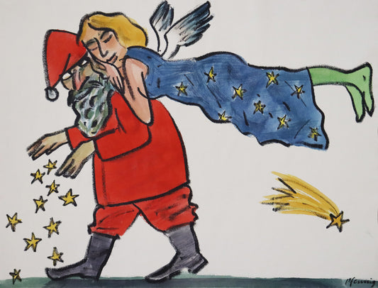 Original Mixed-Media-Malerei von Wolf-Dieter-Pfennig, ohne Titel – expressive Darstellung eines Mannes im roten Kostüm, mit langem Bart und Mütze. Er streut Sterne auf den Boden. An seine Schulter gelehnt, ein schwebender blonder Engel mit Sternenkleid. Mixed Media auf Papier, signiert, erhältlich bei Galerie Waldbach, What the Artist Made
