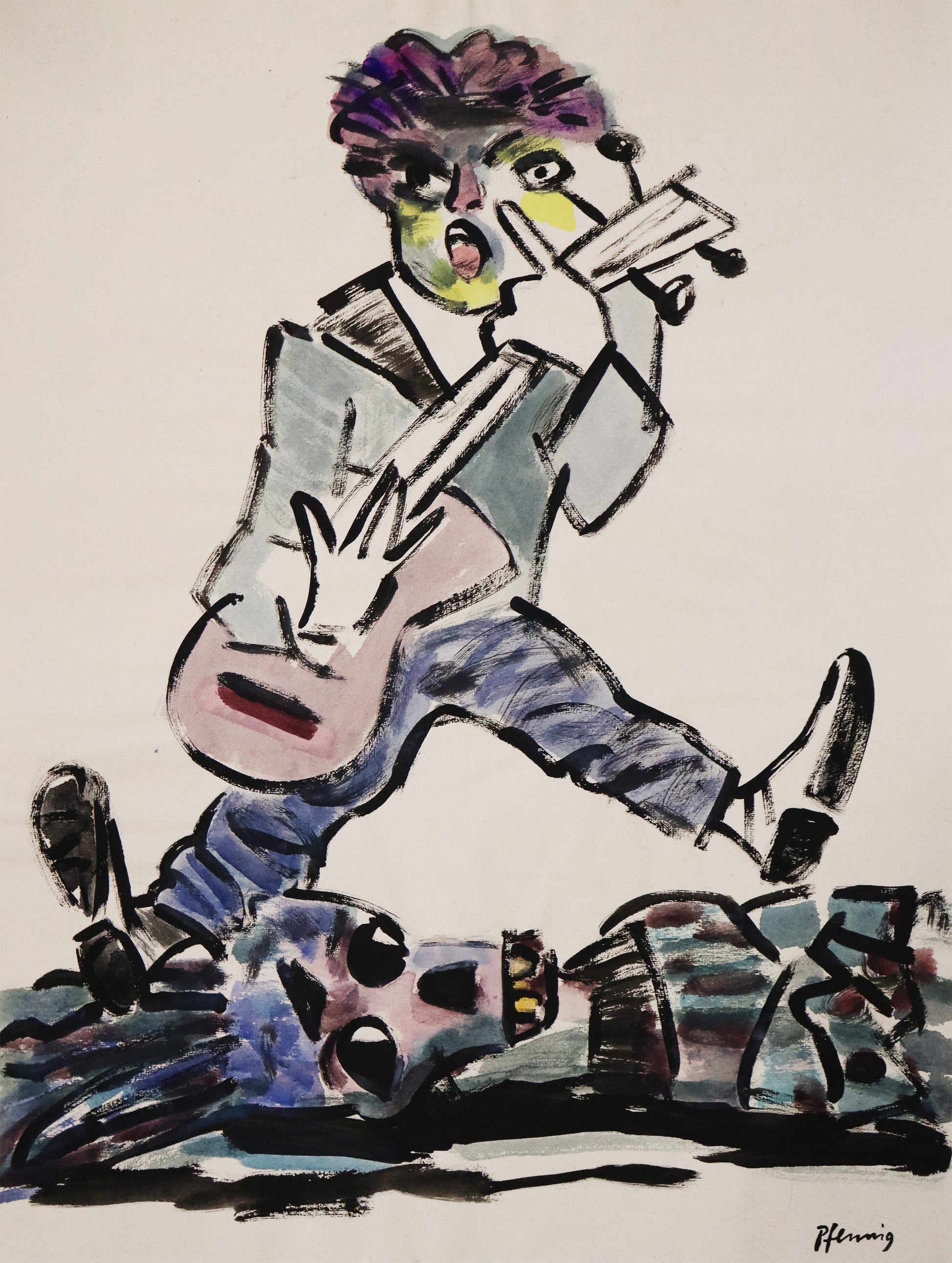 Original Mixed-Media-Malerei von Wolf-Dieter-Pfennig, ohne Titel – expressive Darstellung eines Mannes, auf der Gitarre spielend und eine Grimasse schneidend. Vor ihm liegt ein Skelett in Kleidung. Mixed Media auf Papier, signiert, erhältlich bei Galerie Waldbach, What the Artist Made