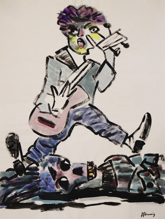 Original Mixed-Media-Malerei von Wolf-Dieter-Pfennig, ohne Titel – expressive Darstellung eines Mannes, auf der Gitarre spielend und eine Grimasse schneidend. Vor ihm liegt ein Skelett in Kleidung. Mixed Media auf Papier, signiert, erhältlich bei Galerie Waldbach, What the Artist Made