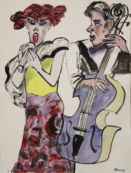 Original Mixed-Media-Malerei von Wolf-Dieter-Pfennig, ohne Titel  – expressive Darstellung einer Sängerin im Kleid und eines Kontrabass-Spielers. Sie hält ein Mikrofon und blickt aus dem Bild, er schaut zu ihr. Mixed Media auf Papier, signiert, erhältlich bei Galerie Waldbach, What the Artist Made