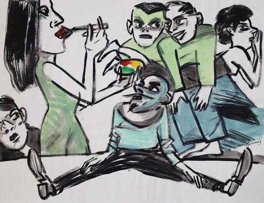 Original Mixed-Media-Malerei von Wolf-Dieter-Pfennig, ohne Titel – expressive Darstellung einer Frau, umgeben von Männern, eine zweite Frau auf den Beinen zweier  Männer liegend. Die  stehende Frau schminkt sich die Lippen.  Mixed Media auf Papier, signiert, erhältlich bei Galerie Waldbach, What the Artist Made