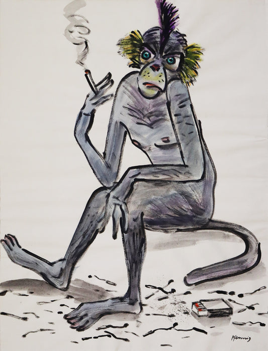 Original Mixed-Media-Malerei von Wolf-Dieter-Pfennig, ohne Titel – expressive Darstellung eines Affen, sitzend, in der Hand eine angezündete Zigarette haltend, um ihn herum viele verkohlte Streichhölzer und eine Packung Streichhölzer liegend. Mixed Media auf Papier, signiert, erhältlich bei Galerie Waldbach, What the Artist Made