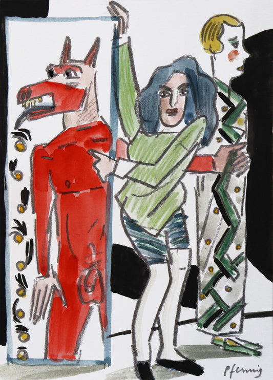 Original Mixed-Media-Malerei von Wolf-Dieter-Pfennig, ohne Titel  – expressive Darstellung einer Frau, die einen Spiegel hält und zum Betrachter blickt, hinter hier eine Person im Kimono, die zur Seite schaut. Im Spiegel ist eine rote unbekleidete Gestalt zu sehen, ähnlich einem Dämon oder Mischwesen mit Tierkopf. Sie spuckt Goldmünzen aus. Mixed Media auf Papier, signiert, erhältlich bei Galerie Waldbach, What the Artist Made