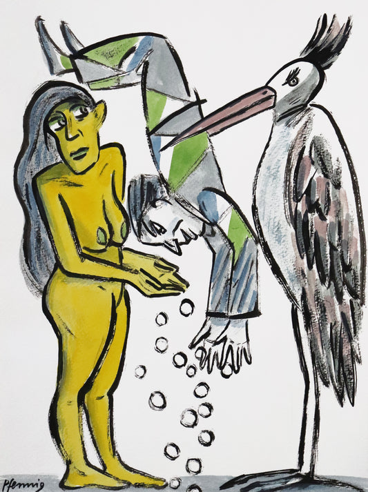 Original Mixed-Media-Malerei von Wolf-Dieter-Pfennig, ohne Titel – expressive Darstellung einer unbekleideten Frau, die ihre Hände offen hält. Daraus fallen Geldstücke oder gläserne Murmeln auf den Boden. Ein Mann stürzt sich kopfüber auf diese. Daneben steht ein Kranich aufrecht. Mixed Media auf Papier, signiert, erhältlich bei Galerie Waldbach, What the Artist Made