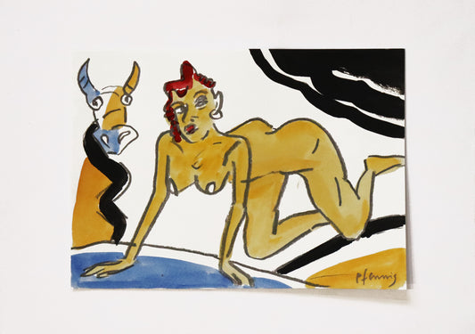 Original Mixed-Media-Malerei von Wolf-Dieter-Pfennig, ohne Titel  – expressive Darstellung einer  unbekleideten Frau knieend, auf den Händen gestützt, zur Seite schauend. Links neben ihr ein Stierkopf, In Gelb, Orange und Blau, mit schwarzen Akzenten. Mixed Media auf Papier, signiert, erhältlich bei Galerie Waldbach, What the Artist Made