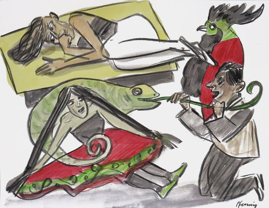 Original Mixed-Media-Malerei von Wolf-Dieter-Pfennig, ohne Titel – expressive Darstellung einer Gruppe Personen: Links oben eine liegende Frau, rechts neben ihr ein Hahn, angedeutet. Unten rechts eine Frau sitzend mit langem ausgestrecktem Haar. Um sie ein Chamäleon, an dessen Zunge ein Mann rechts daneben zieht. Mixed Media auf Papier, signiert, erhältlich bei Galerie Waldbach, What the Artist Made